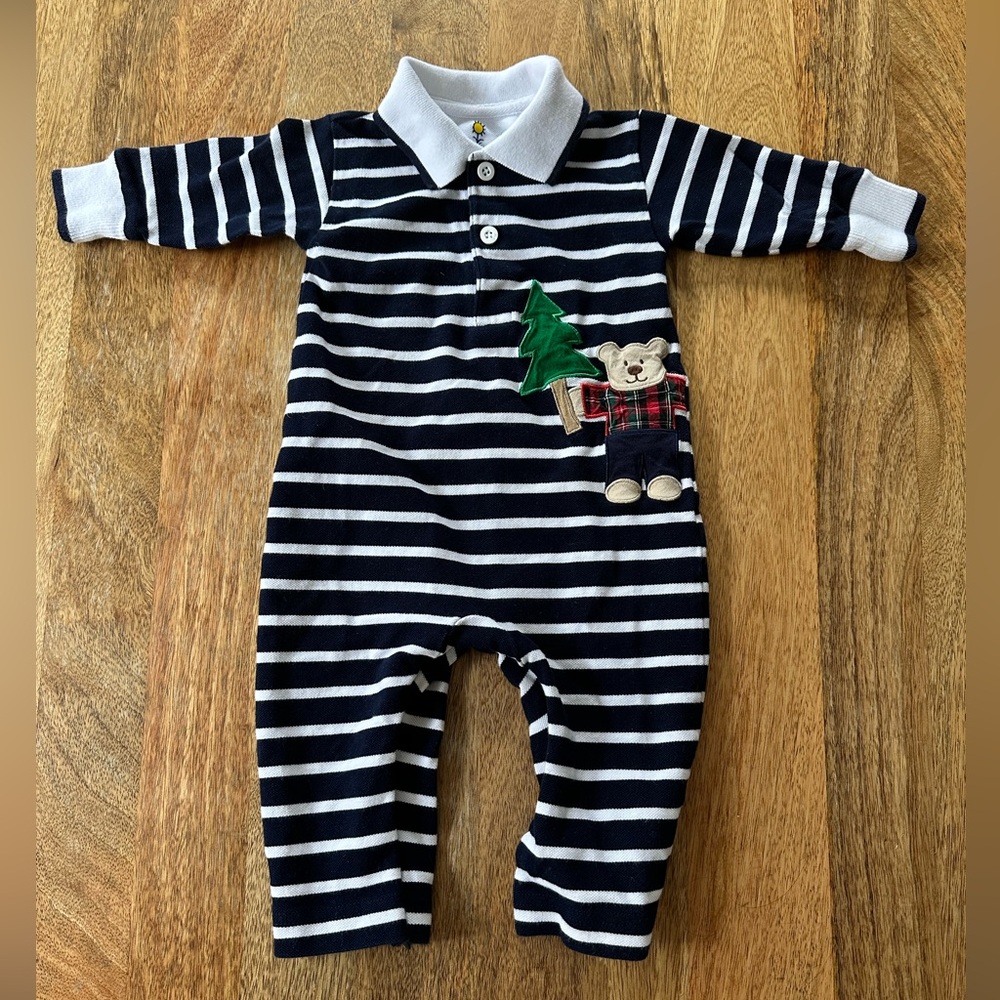 Florence Eiseman - Collared and striped woodsy body suit, size 12 months